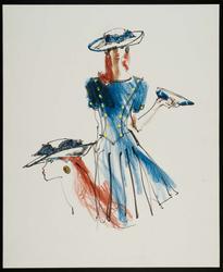 Female model in blue linen dress with hat and earrings
