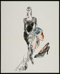 Female model in black silk and lace dress with earrings and slingback shoes