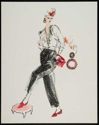 Female model in sweater and polka dot pants with earrings and quilted bag and red suede shoes