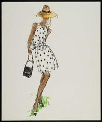 Female model in polka dot sleeveless dress with hat and bag