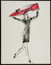 Female model in sweater over leggings holding giant red shoe