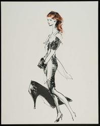 Female model in black and white silk dress with black satin pump