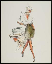 Female model in sailor blouse and shorts with straw hat and white shoes