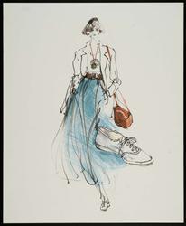 Female model in skirt and jacket with camera bag and sneakers 