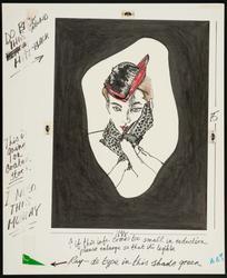Female model with black and red straw hat and crocheted gloves