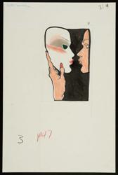 Female model's hand holding white Japanese-style mask in front 