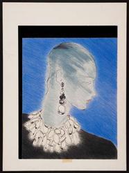 Female model's head with three-tiered crystal disc choker and earrings