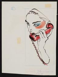 Model talking on red phone with make-up around eyes