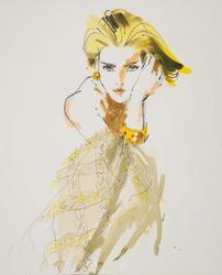 Female model with scarf and gold mesh bracelet with rubies and diamonds