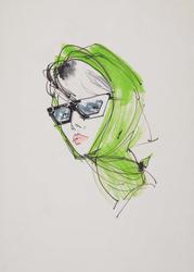 Head of female model with green scarf and sunglasses