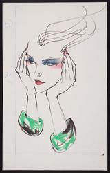 Female model with make-up leaning on hands with green cuffs