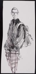 Male model in bomber jacket and checked pants, carrying backpack