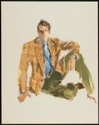 Male model seated in plaid blazer and green pants