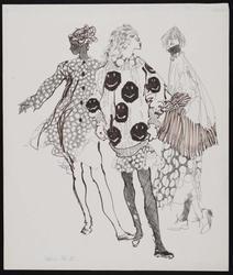 Three female models in youthful fashions, including smiley face sweater