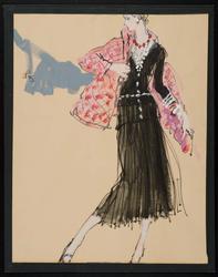 Female model in black dress with pink and red checked jacket