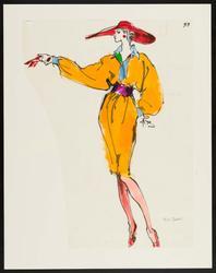 Female model in yellow dress with red hat