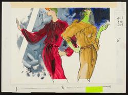 Two female models in, at left, dolman-sleeved blouson dress, and at right, jersey dress with dolman sleeves. Model at right has green skin