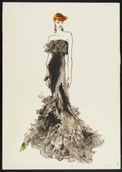 Female model in evening gown with ruffles at hem, with one green shoe