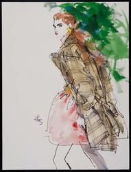 Female model in evening wear – pink satin dirndl, mini trench coat, tennis shirt with rhinestone buttons