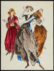 Three female models in elaborate evening wear, from l to r, silk velvet wrap and skirt; satin and velvet Samurai outfit; taffeta ballgown with lace embroidered bodice