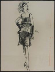 Female model in tiered dress with long gloves