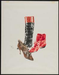 Boots and shoes – three examples – tall black and red boot; short red boot; brown shoe with fur