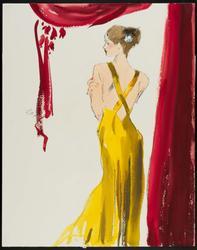 Female model in bronze bias cut nightgown