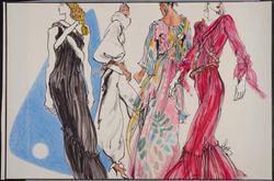 Four female models in (l to r) black pleated dress with ropes; mohair evening sweater with gold ropes over charmeuse pants; handpainted pleated chiffon tunic and skirt; rhubarb-pleated dress with ropes.; 
