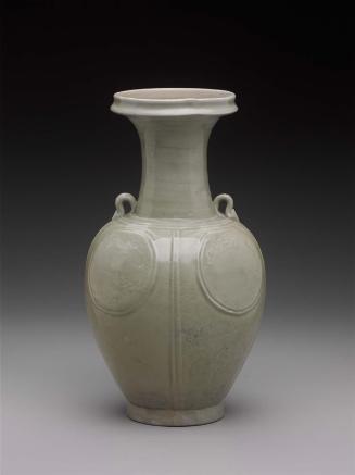 Vase with molded designs of medallions and bowstrings under celadon glaze