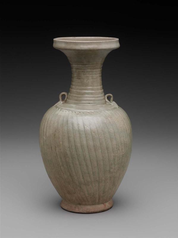 Dish-mouthed long-necked bottle with two looped handles