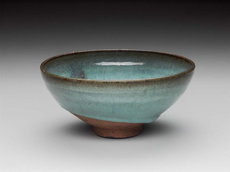 Bowl with copper splashes of green, blue, and purple over robin's egg blue glaze