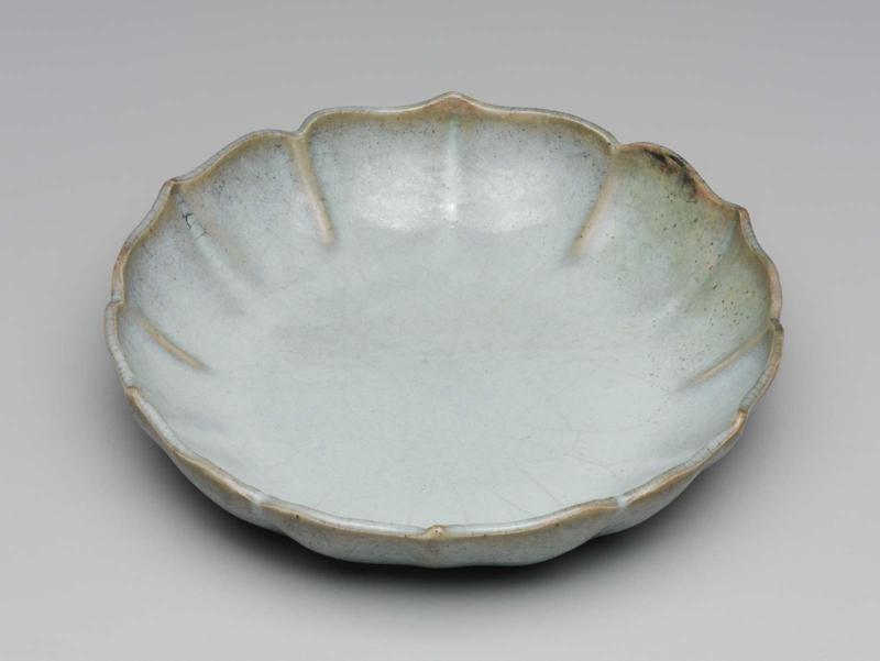 Deep plate with foliate rim and robin's egg blue glaze