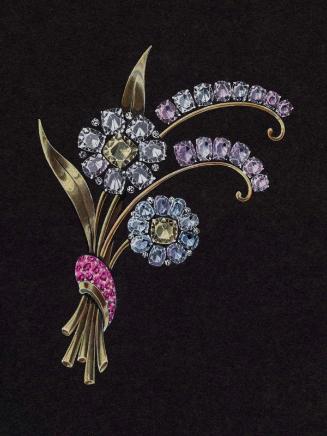 Drawing of a gold brooch with two sapphire flowers (Reflection Series)