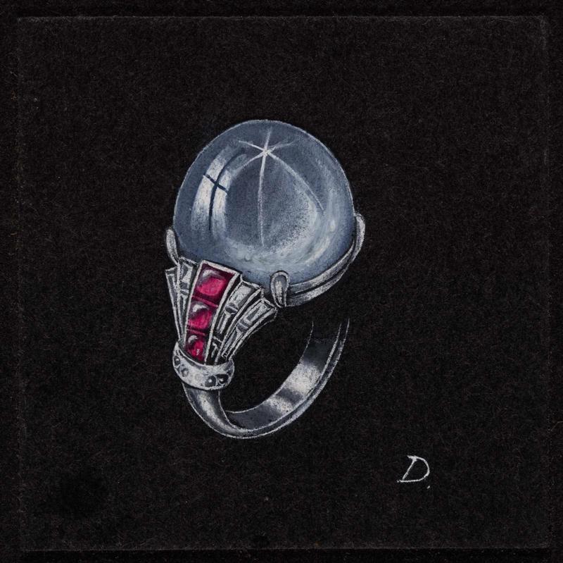 Drawing of a ring featuring a large blue star sapphire(?) cabochon