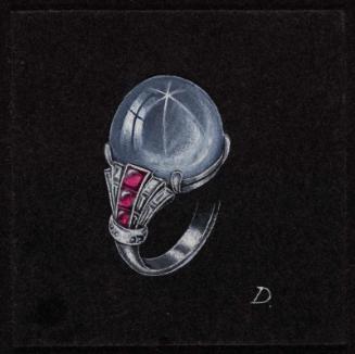Drawing of a ring featuring a large blue star sapphire(?) cabochon