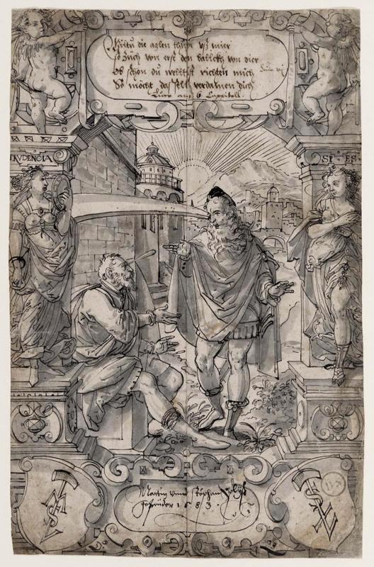 Drawing for a Stained Glass Panel with the Parable of the Mote and the Beam with the Coats of Arms of the Brothers Spleiss