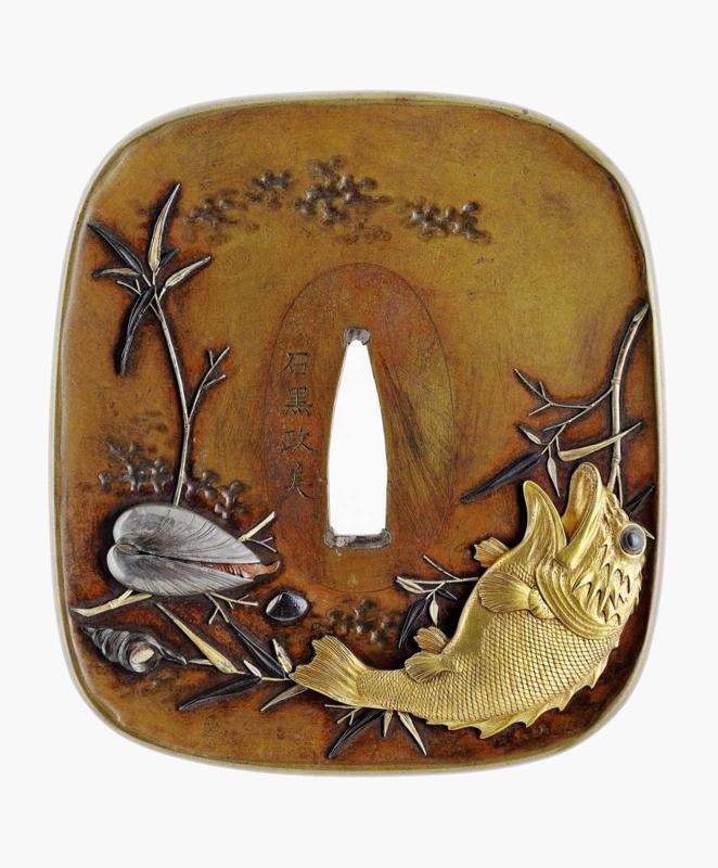 Tsuba with design of fish, shellfish and crustacea