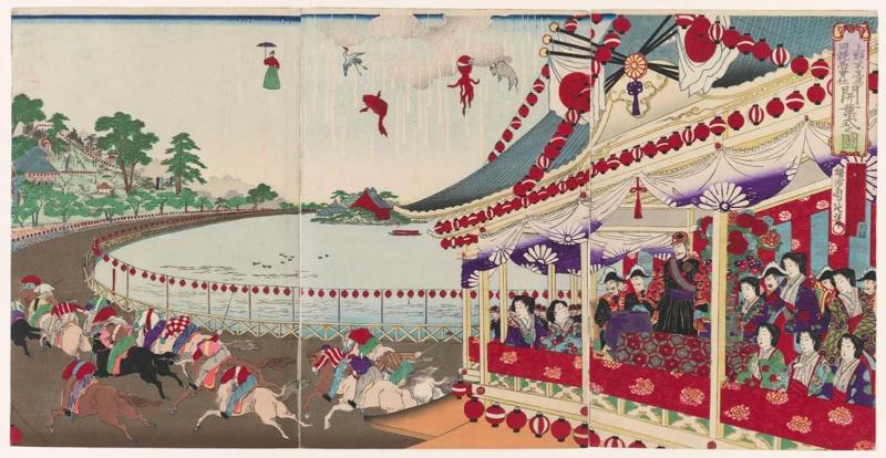 Illustration of the Opening Ceremony of the Union Horse Racing Club's Racetrack around Shinobazu Pond in Ueno Park (Ueno Shinobazu kyôdô keiba kaisha kaigyôshiki no zu)
