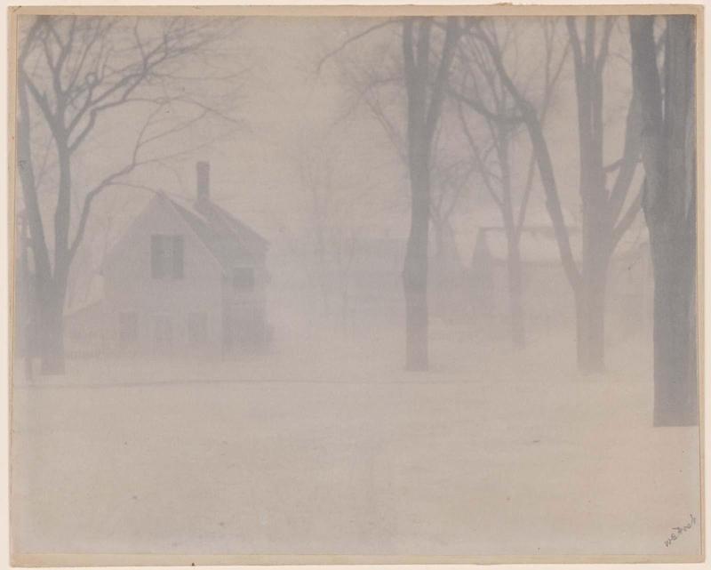 New England Village on a Misty Winter Day