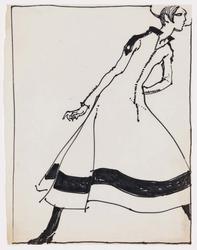 Female model in long wool jersey dress with border