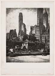 New York, Wharfside view with One Wall Street and Woolworth Building