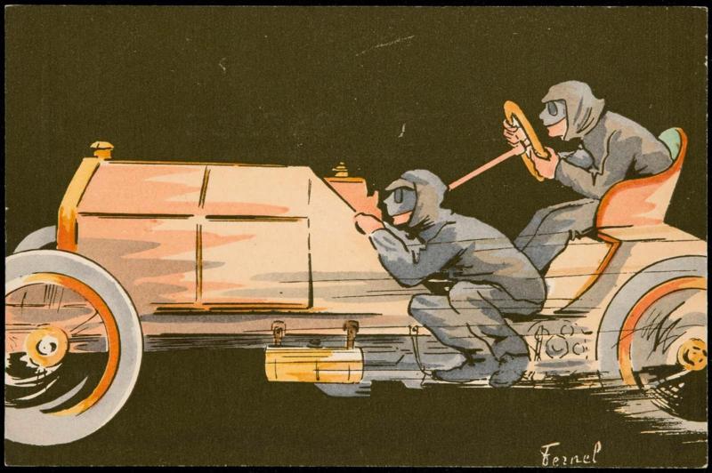 Two drivers in a speeding orange-pink car