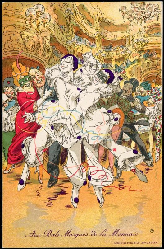 Couple in white costumes and masks dancing