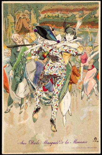 Couple in colorful costumes and masks dancing