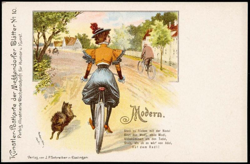 Woman on a bicycle being chased by a small dog