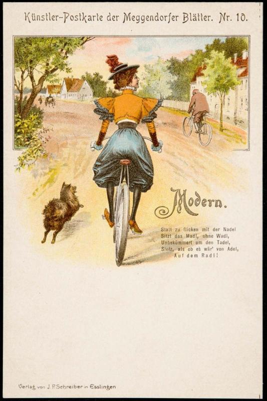 Woman on a bicycle being chased by a small dog