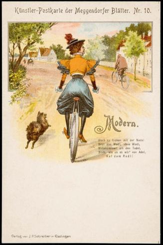 Woman on a bicycle being chased by a small dog
