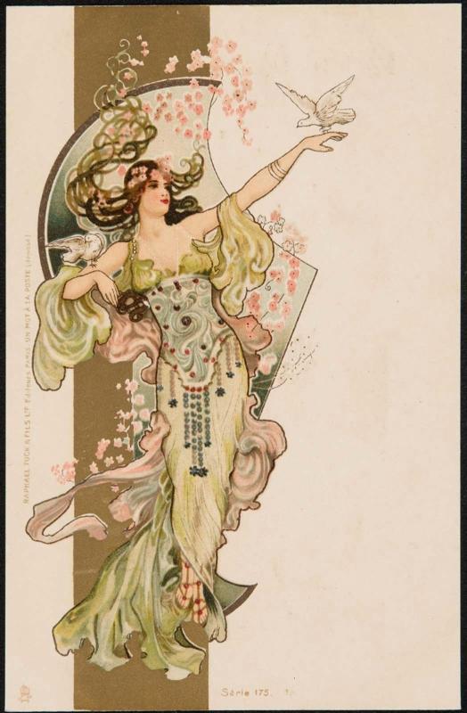 Angelic figure in a flowing dress adorned with floral decoration