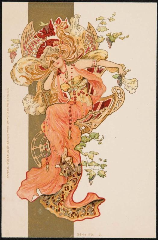 Angelic figure in a flowing dress adorned with floral decoration