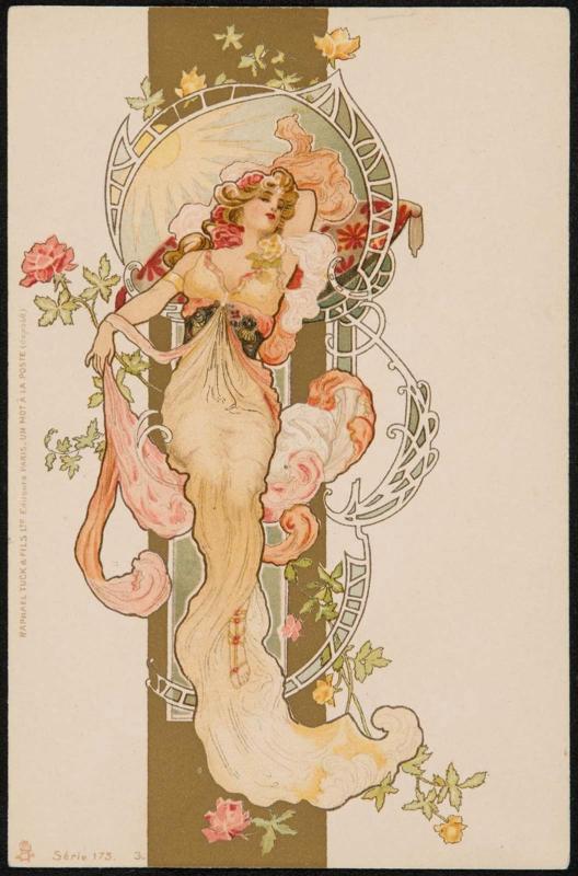 Angelic figure in a flowing dress adorned with floral decoration
